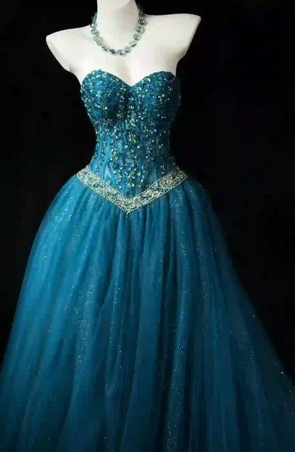 Chic Sweetheart A-Line Tulle Long Evening Dress Turquoise Prom Dress ED11690