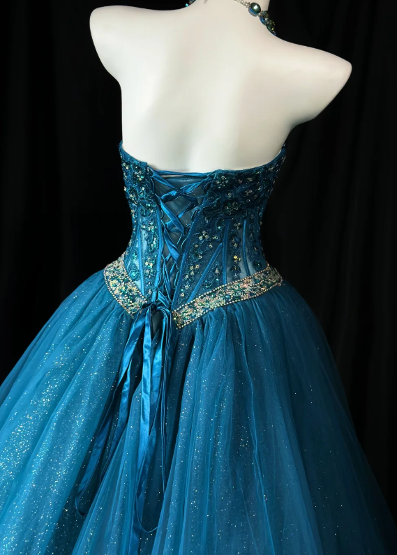 Chic Sweetheart A-Line Tulle Long Evening Dress Turquoise Prom Dress ED11690