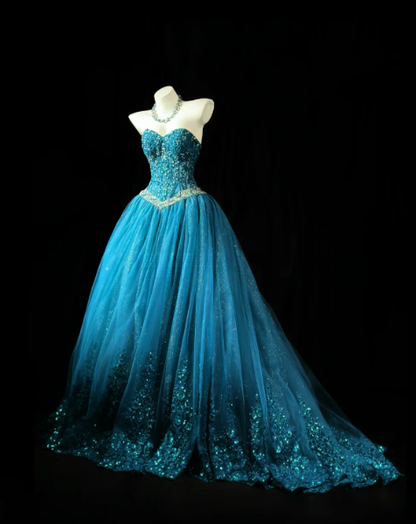 Chic Sweetheart A-Line Tulle Long Evening Dress Turquoise Prom Dress ED11690