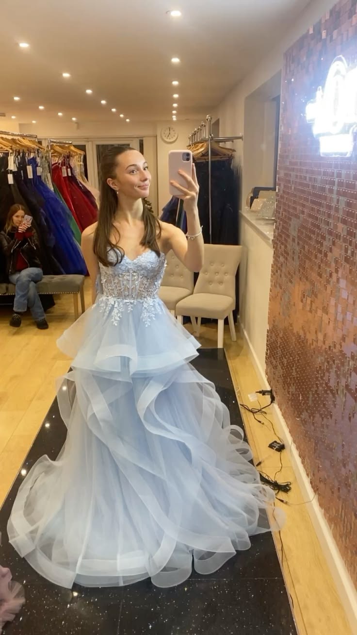 Gorgeous Straps A-line Tulle Long Evening Dress Blue Prom Dress ED11694