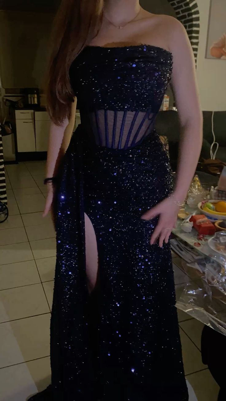 Magnifique robe de soirée longue fourreau à sequins sans bretelles bleu marine robe de bal ED11695