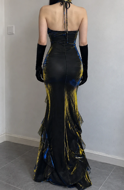 Gorgeous Sheath Satin Long Evening Dress Black with Gold Shimmer Prom Dress ED11696