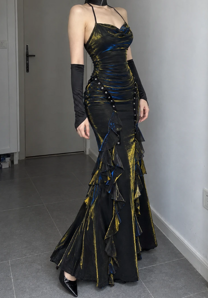 Gorgeous Sheath Satin Long Evening Dress Black with Gold Shimmer Prom Dress ED11696