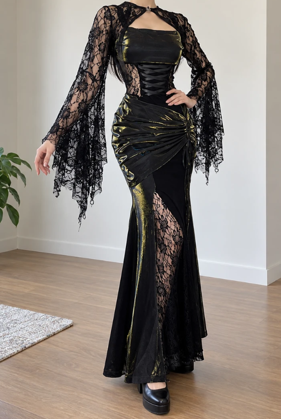 Gorgeous Sheath Lace Long Evening Dress Black with Gold Shimmer Prom Dress ED11697