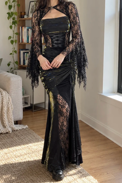 Gorgeous Sheath Lace Long Evening Dress Black with Gold Shimmer Prom Dress ED11697