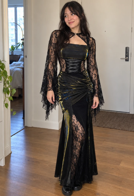 Gorgeous Sheath Lace Long Evening Dress Black with Gold Shimmer Prom Dress ED11697