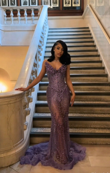 Robe de soirée longue en tulle, coupe sirène et décolleté en cœur, robe de bal violette ED11701