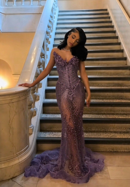 Robe de soirée longue en tulle, coupe sirène et décolleté en cœur, robe de bal violette ED11701