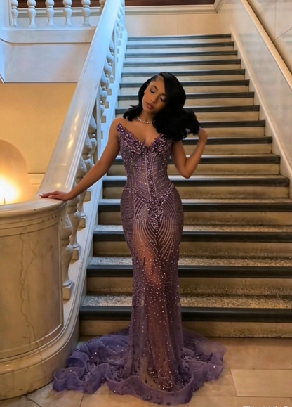 Robe de soirée longue en tulle, coupe sirène et décolleté en cœur, robe de bal violette ED11701