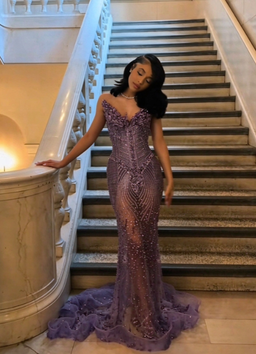 Robe de soirée longue en tulle, coupe sirène et décolleté en cœur, robe de bal violette ED11701