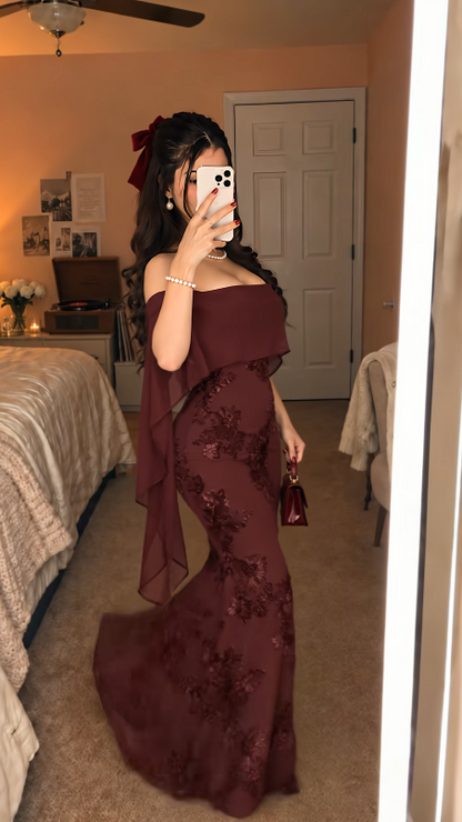 Gorgeous Strapless Mermaid Chiffon Long Evening Dress Burgundy Prom Dress ED11702