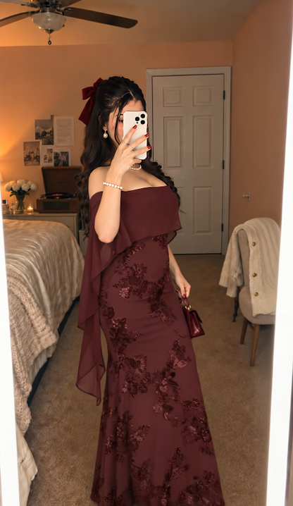 Gorgeous Strapless Mermaid Chiffon Long Evening Dress Burgundy Prom Dress ED11702