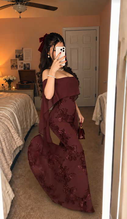 Gorgeous Strapless Mermaid Chiffon Long Evening Dress Burgundy Prom Dress ED11702