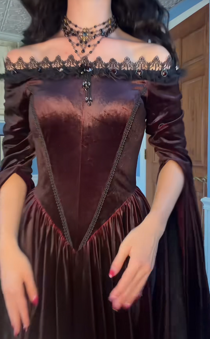 Gorgeous Off-shoulder A-Line Velvet Long Evening Dress Brown Prom Dress ED11703