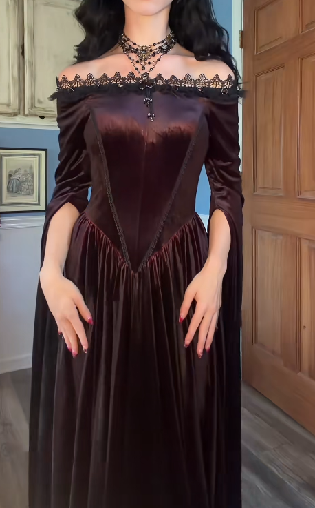 Gorgeous Off-shoulder A-Line Velvet Long Evening Dress Brown Prom Dress ED11703