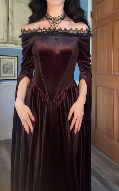 Gorgeous Off-shoulder A-Line Velvet Long Evening Dress Brown Prom Dress ED11703