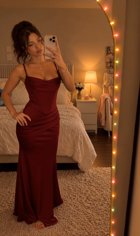 Gorgeous Straps Sheath Satin Long Evening Dress Brugundy Prom Dress ED11708