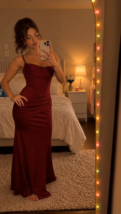 Gorgeous Straps Sheath Satin Long Evening Dress Brugundy Prom Dress ED11708