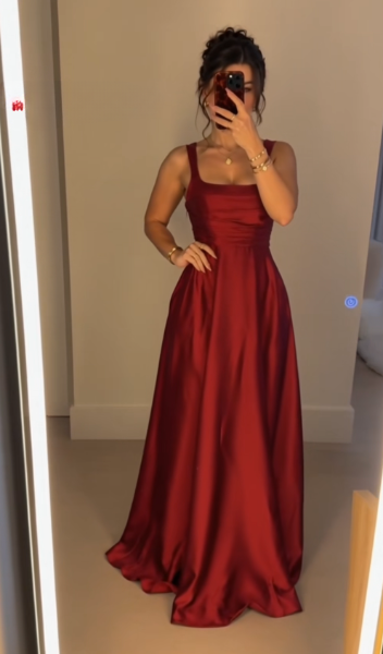 Gorgeous Straps A-Line Satin Long Evening Dress Brugundy Prom Dress ED11709