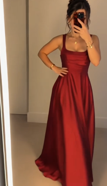 Gorgeous Straps A-Line Satin Long Evening Dress Brugundy Prom Dress ED11709