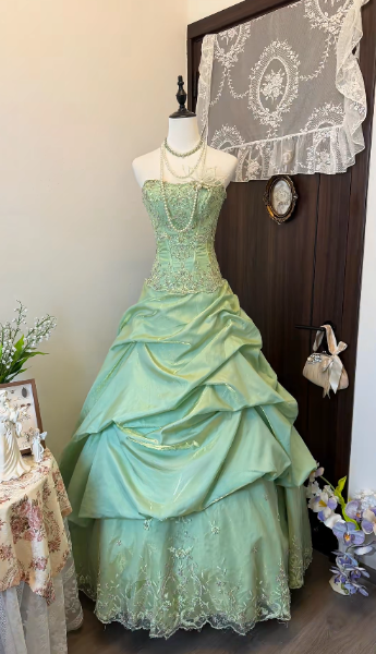 Gorgeous Strapless A-Line Satin Long Evening Dress Green Prom Dress ED11710
