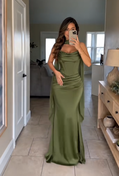 Gorgeous Strapless Sheath Satin Long Evening Dress Olive Green Prom Dress ED11713