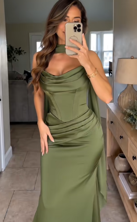 Gorgeous Strapless Sheath Satin Long Evening Dress Olive Green Prom Dress ED11713