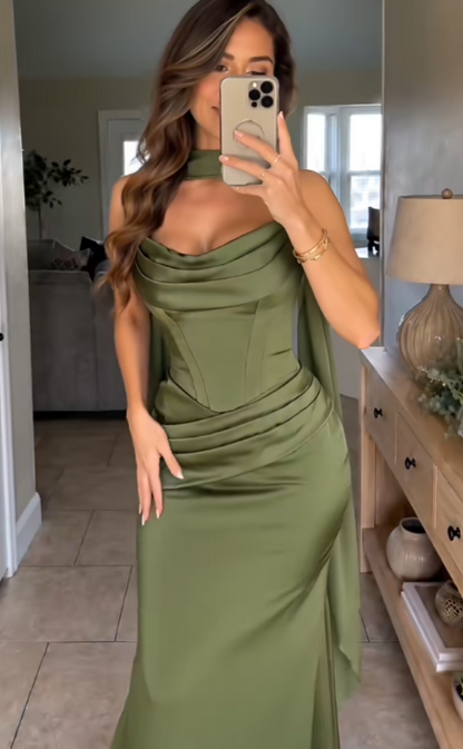 Gorgeous Strapless Sheath Satin Long Evening Dress Olive Green Prom Dress ED11713