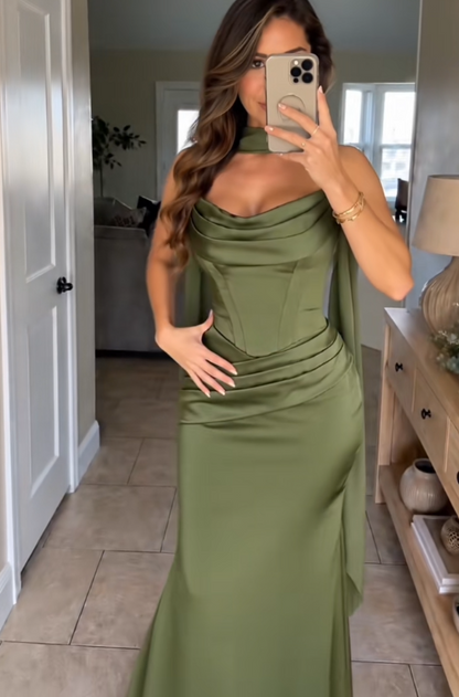 Gorgeous Strapless Sheath Satin Long Evening Dress Olive Green Prom Dress ED11713
