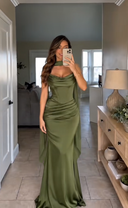 Gorgeous Strapless Sheath Satin Long Evening Dress Olive Green Prom Dress ED11713