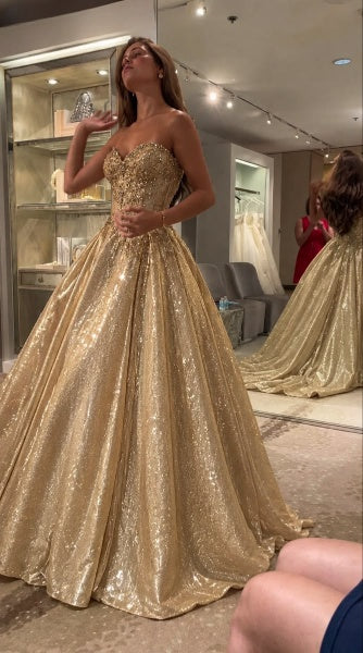 Gorgeous Sweetheart A-Line Satin Long Evening Dress Gold Prom Dress ED11714