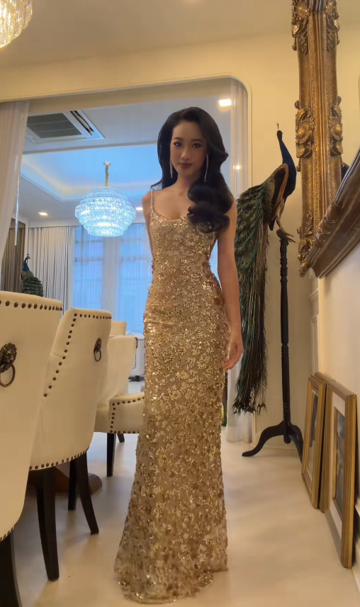 Fashion Straps Sheath Tulle Sequins Long Evening Dress Gold Prom Dress ED11720