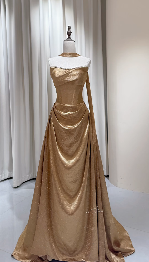 Fashion Strapless Sheath Satin Long Evening Dress Gold Prom Dress ED11722