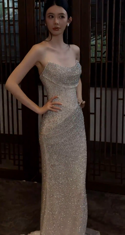 Fashion Strapless Sheath Chiffon Sequins Long Evening Dress Silver Prom Dress ED11723