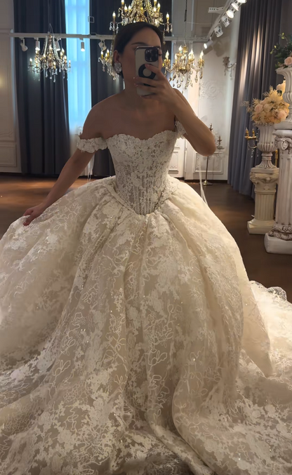 Timeless Off-shoulderWhite Bridal Gown A-Line Lace Long Wedding Dress ED11729