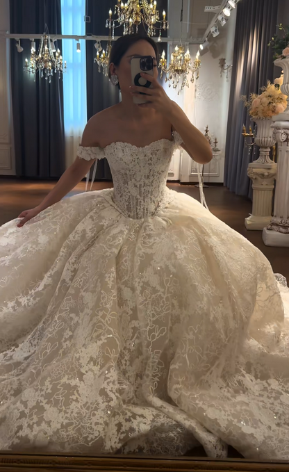 Timeless Off-shoulderWhite Bridal Gown A-Line Lace Long Wedding Dress ED11729