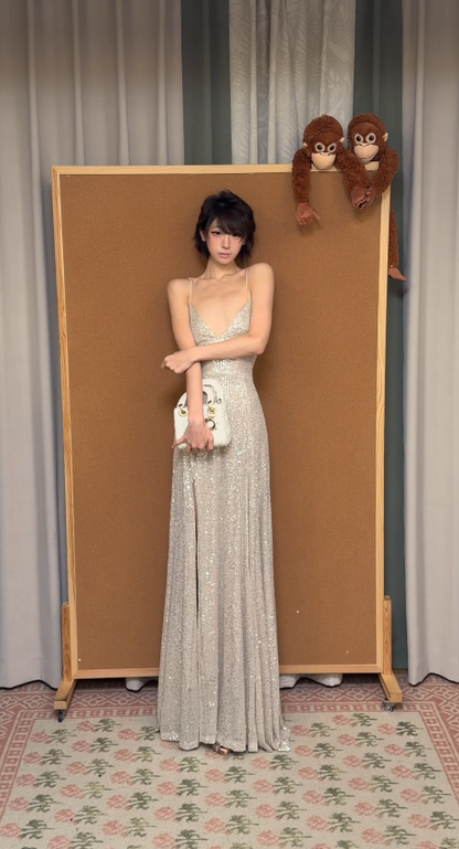 Pretty Champagne Prom Dress Sheath Sequins Long Evening Dress ED11733