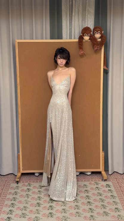 Pretty Champagne Prom Dress Sheath Sequins Long Evening Dress ED11733