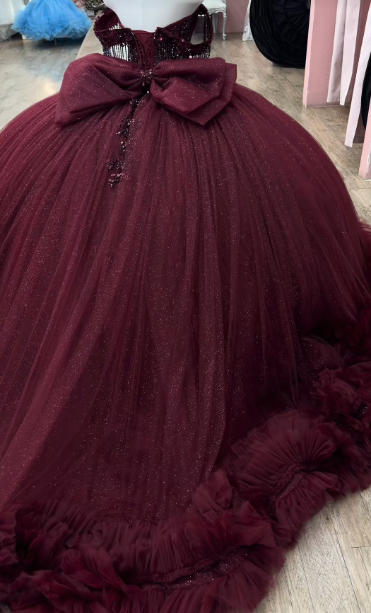 Märchenhaftes Ballkleid Quinceanera-Kleid Tüll Applikation Geburtstagskleid Pflaume Sweet 16 Kleid ED11735