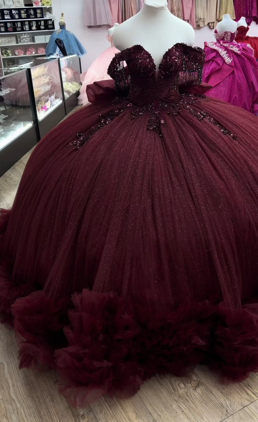 Märchenhaftes Ballkleid Quinceanera-Kleid Tüll Applikation Geburtstagskleid Pflaume Sweet 16 Kleid ED11735