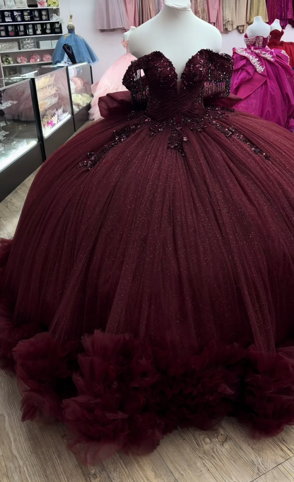 Märchenhaftes Ballkleid Quinceanera-Kleid Tüll Applikation Geburtstagskleid Pflaume Sweet 16 Kleid ED11735