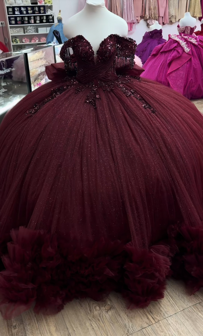 Märchenhaftes Ballkleid Quinceanera-Kleid Tüll Applikation Geburtstagskleid Pflaume Sweet 16 Kleid ED11735