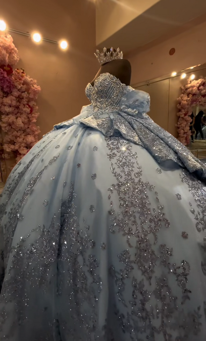 Märchenhaftes Ballkleid für die Quinceañera, Tüllkleid mit Applikationen, Geburtstagskleid, blaues Kleid für den 16. Geburtstag, ED11736