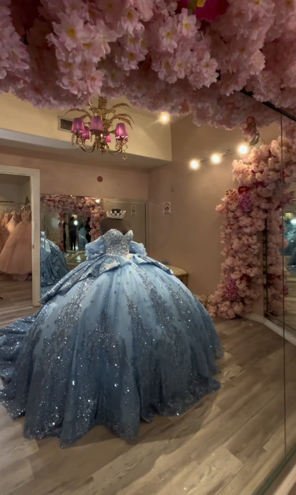 Märchenhaftes Ballkleid für die Quinceañera, Tüllkleid mit Applikationen, Geburtstagskleid, blaues Kleid für den 16. Geburtstag, ED11736