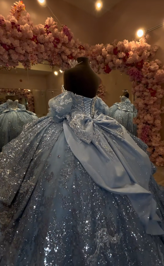Märchenhaftes Ballkleid für die Quinceañera, Tüllkleid mit Applikationen, Geburtstagskleid, blaues Kleid für den 16. Geburtstag, ED11736