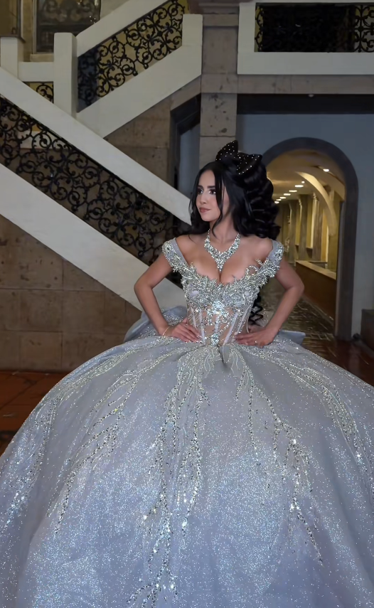 Märchenhaftes Quinceanera-Ballkleid aus Tüll mit Applikationen, silbernes Sweet-16-Geburtstagskleid ED11737
