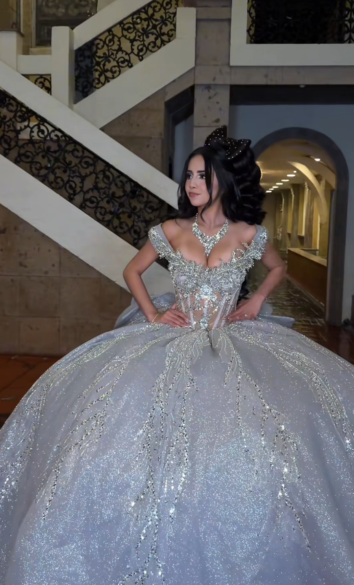 Märchenhaftes Quinceanera-Ballkleid aus Tüll mit Applikationen, silbernes Sweet-16-Geburtstagskleid ED11737