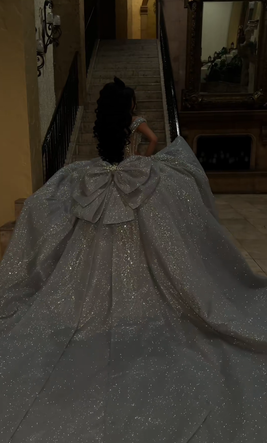 Märchenhaftes Quinceanera-Ballkleid aus Tüll mit Applikationen, silbernes Sweet-16-Geburtstagskleid ED11737