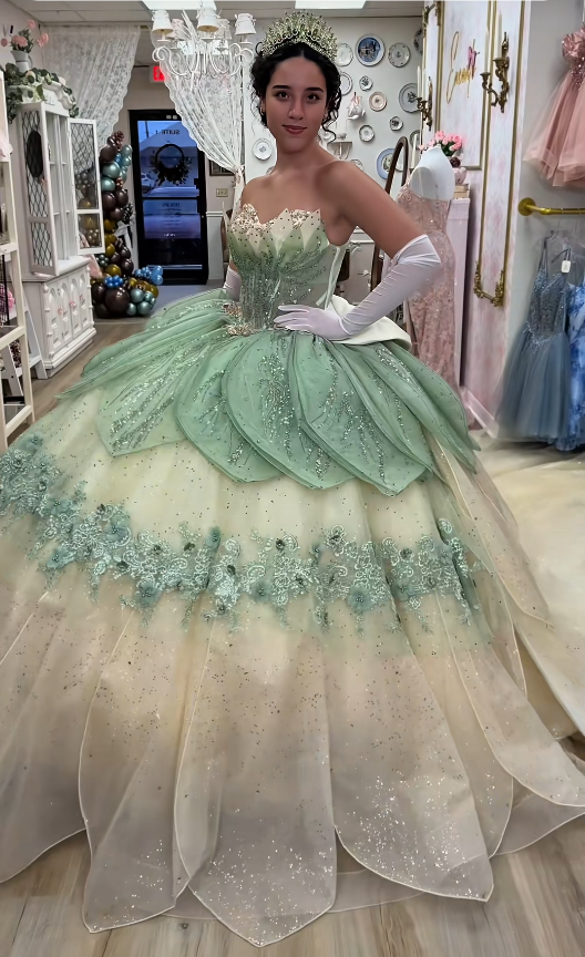 Märchenhaftes Ballkleid Quinceanera-Kleid Tüll Applikation Geburtstagskleid Grünes Sweet 16 Kleid ED11739