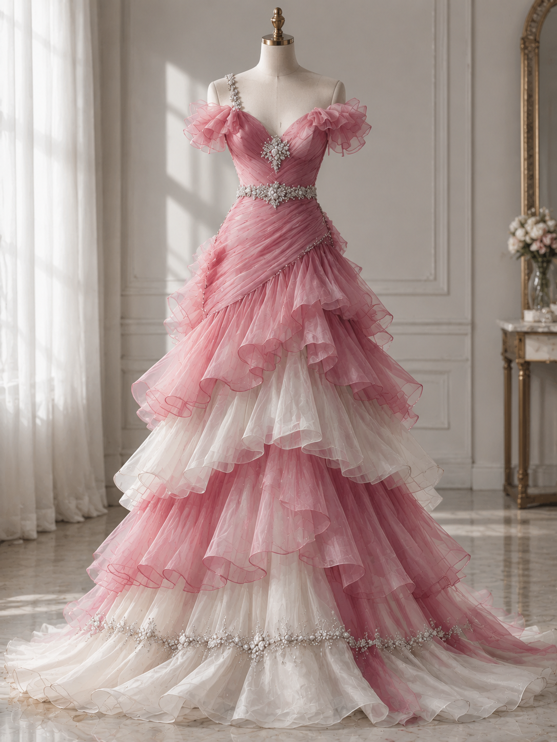 Jolie robe de soirée longue en tulle à épaules dénudées coupe trapèze robe de bal rose ED11743